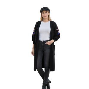 Black Long Cardigan Thick Cable Knitted With Pockets Embroidered
